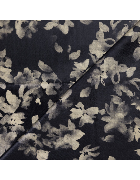 Velours ras coton, viscose & élasthanne - Fleurs beige fond noir