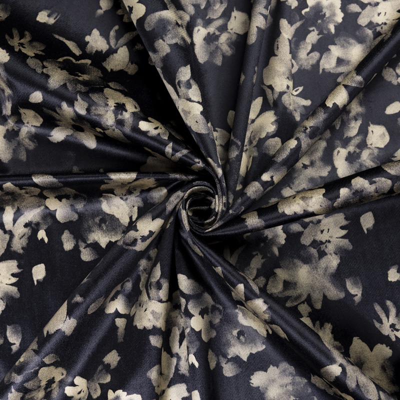 Velours ras coton, viscose & élasthanne - Fleurs beige fond noir
