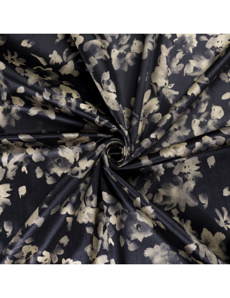 Velours ras coton, viscose & élasthanne - Fleurs beige fond noir