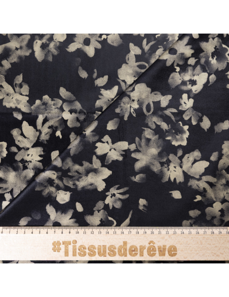 Velours ras coton, viscose & élasthanne - Fleurs beige fond noir