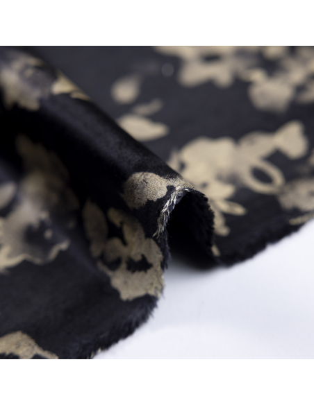 Velours ras coton, viscose & élasthanne - Fleurs beige fond noir