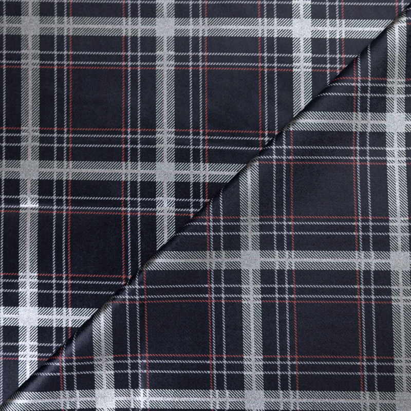 Velours ras coton, viscose & élasthanne - Carreaux rouges & argent sur fond marine