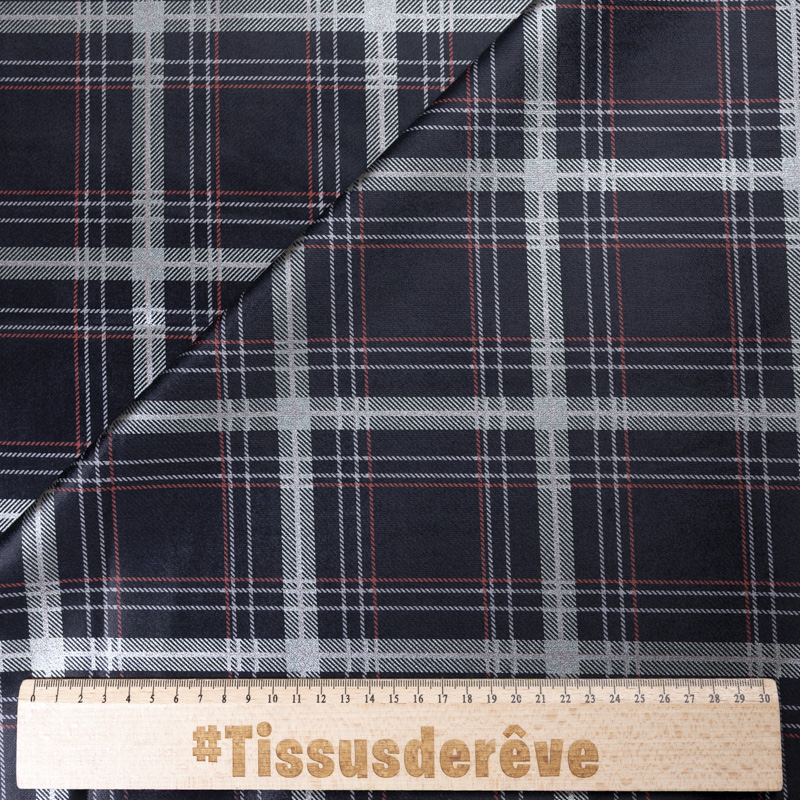 Velours ras coton, viscose & élasthanne - Carreaux rouges & argent sur fond marine