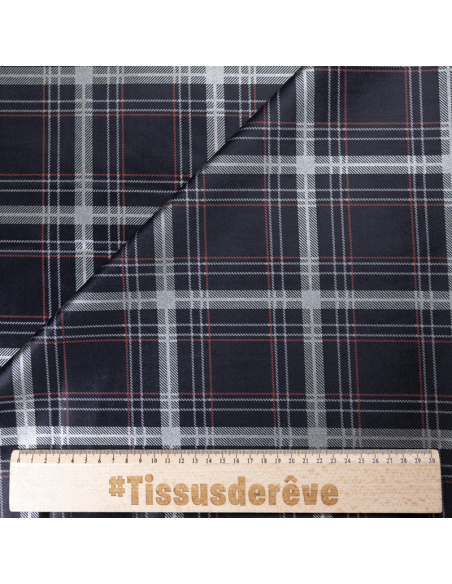 Velours ras coton, viscose & élasthanne - Carreaux rouges & argent sur fond marine