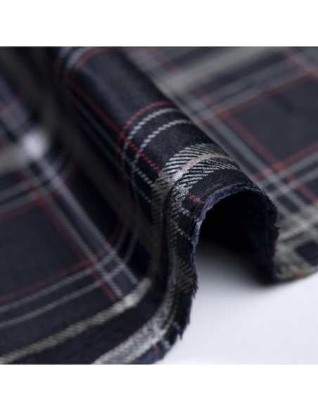 Velours ras coton, viscose & élasthanne - Carreaux rouges & argent sur fond marine