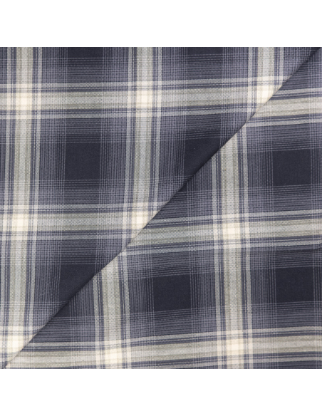 Tissu chemise clan 100% coton - Carreau marine ivoire