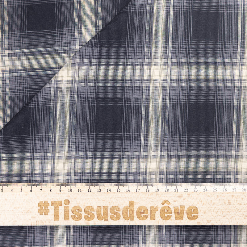 Tissu chemise clan 100% coton - Carreau marine ivoire