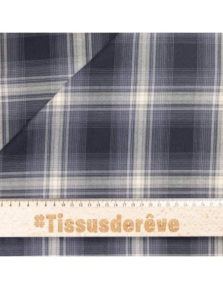 Tissu chemise clan 100% coton - Carreau marine ivoire