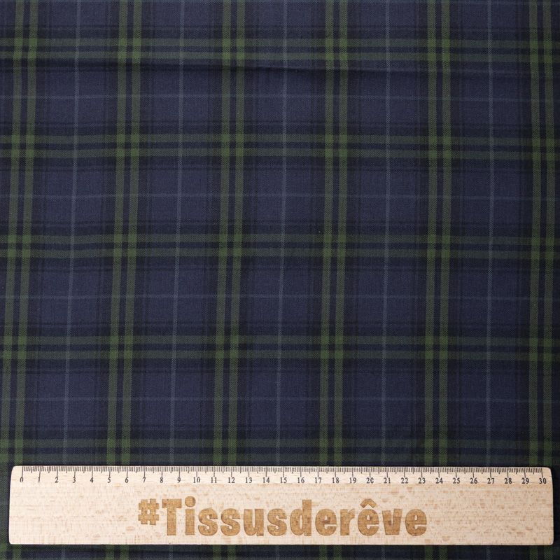 Tissu tailleur clan 100% coton - Carreau vert et marine