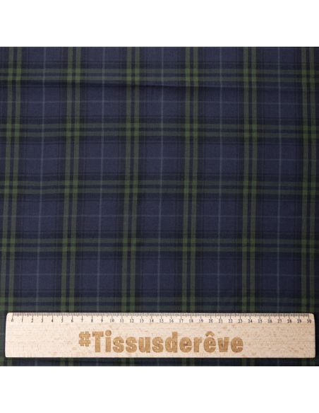 Tissu tailleur clan 100% coton - Carreau vert et marine