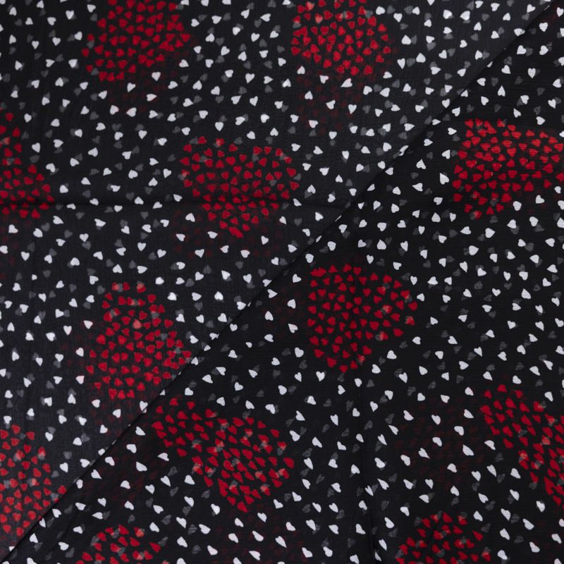 Mousseline crinkle 100% viscose – Cœurs rouges et blancs fond noir
