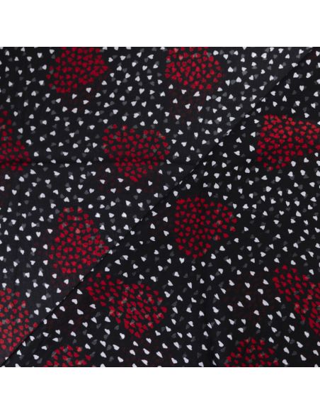Mousseline crinkle 100% viscose – Cœurs rouges et blancs fond noir