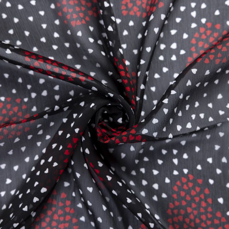 Mousseline crinkle 100% viscose – Cœurs rouges et blancs fond noir