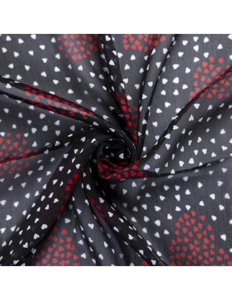 Mousseline crinkle 100% viscose – Cœurs rouges et blancs fond noir