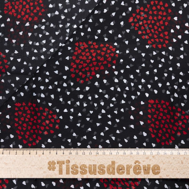 Mousseline crinkle 100% viscose – Cœurs rouges et blancs fond noir