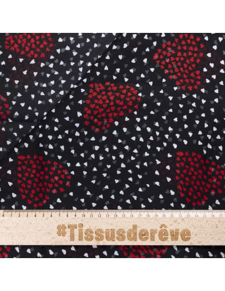 Mousseline crinkle 100% viscose – Cœurs rouges et blancs fond noir