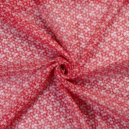 Mousseline crinkle 100% viscose – Fleurs blanches sur fond rouge 2
