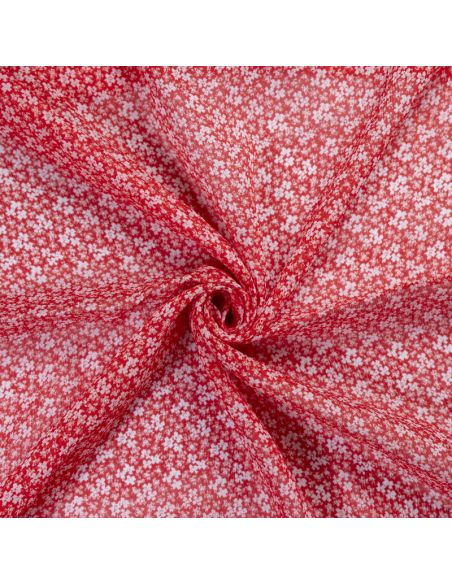 Mousseline crinkle 100% viscose – Fleurs blanches sur fond rouge
