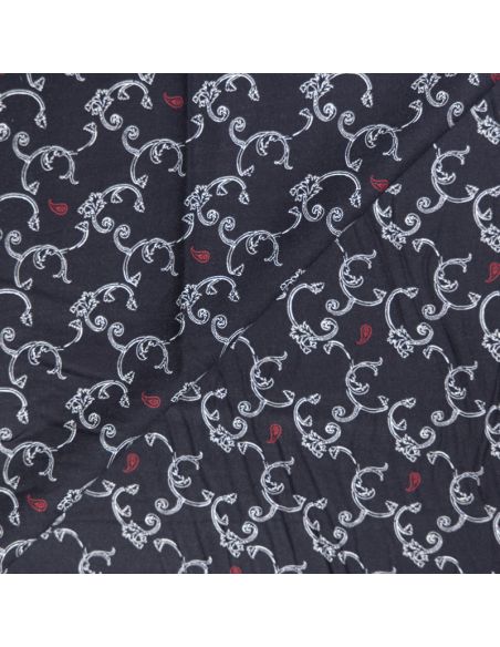 Twill 100% viscose – Arabesques blanches et cachemires rouges sur fond noir