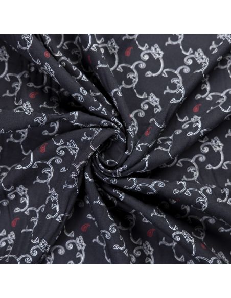 Twill 100% viscose – Arabesques blanches et cachemires rouges sur fond noir