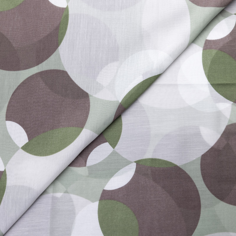 Voile soie & coton - Cercles verts et taupe