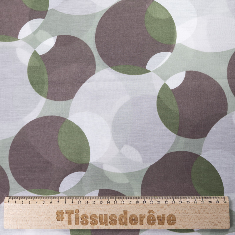 Voile soie & coton - Cercles verts et taupe