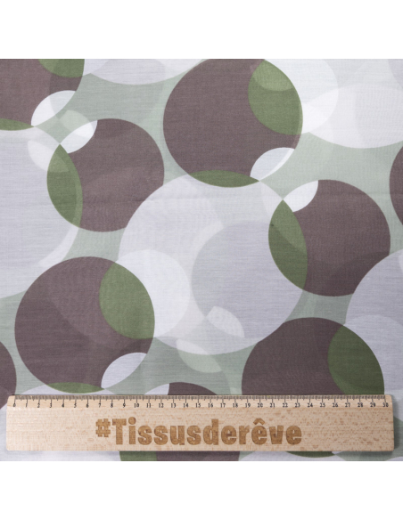 Voile soie & coton - Cercles verts et taupe