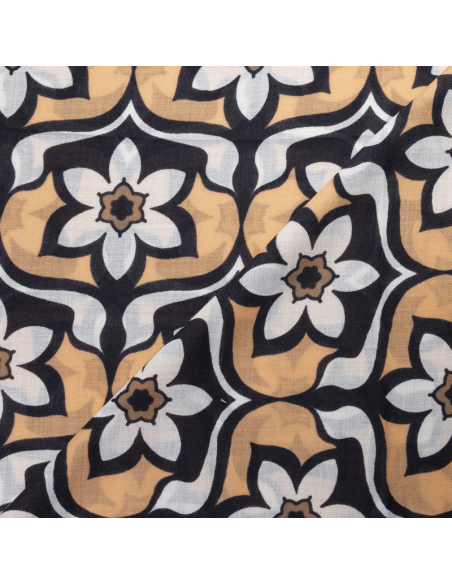 Twill 100% laine - Fleurs graphiques orange & noir