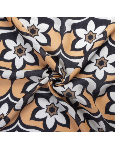 Twill 100% laine - Fleurs graphiques orange & noir