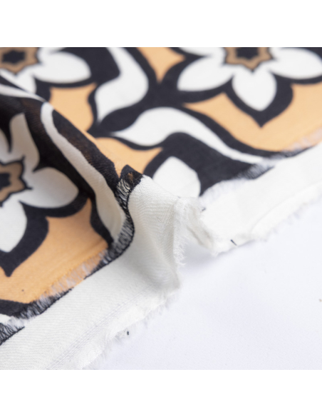 Twill 100% laine - Fleurs graphiques orange & noir