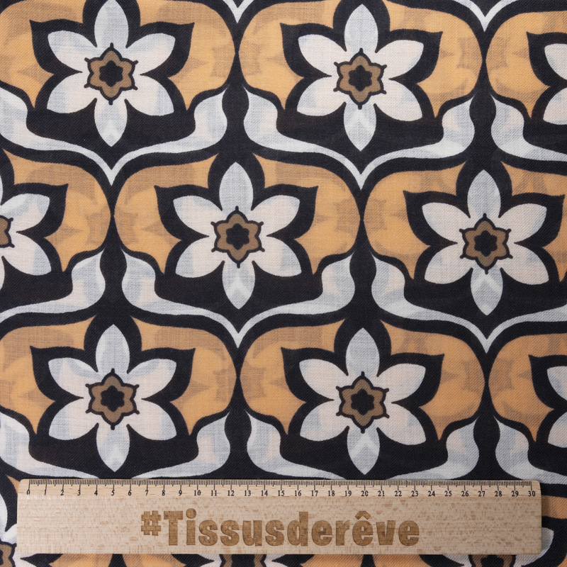 Twill 100% laine - Fleurs graphiques orange & noir