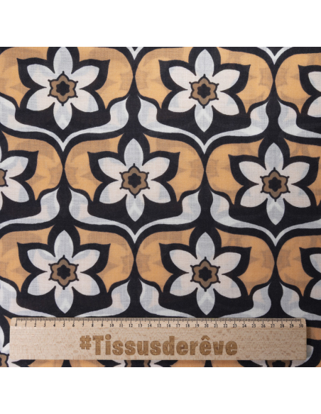 Twill 100% laine - Fleurs graphiques orange & noir