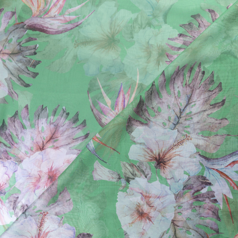 Mousseline - Fleurs tropicales fond vert