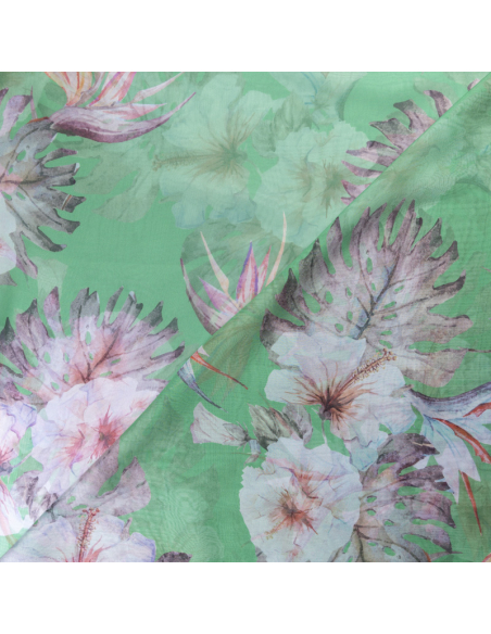 Mousseline - Fleurs tropicales fond vert