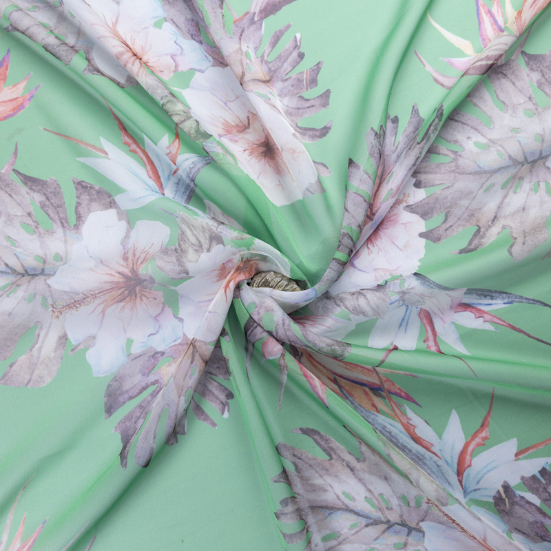 Mousseline - Fleurs tropicales fond vert