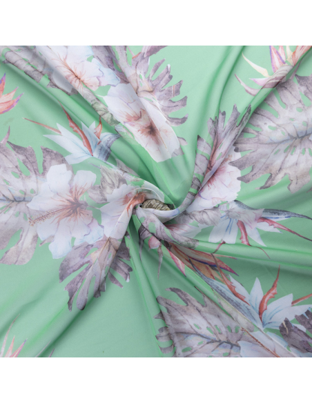 Mousseline - Fleurs tropicales fond vert