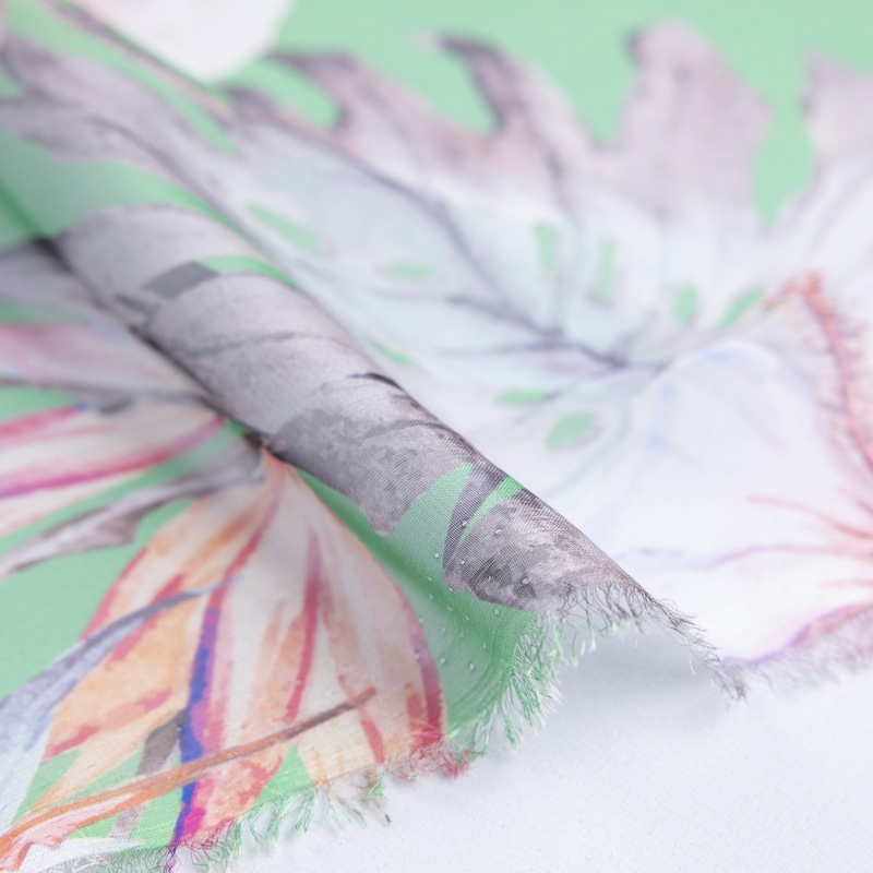 Mousseline - Fleurs tropicales fond vert