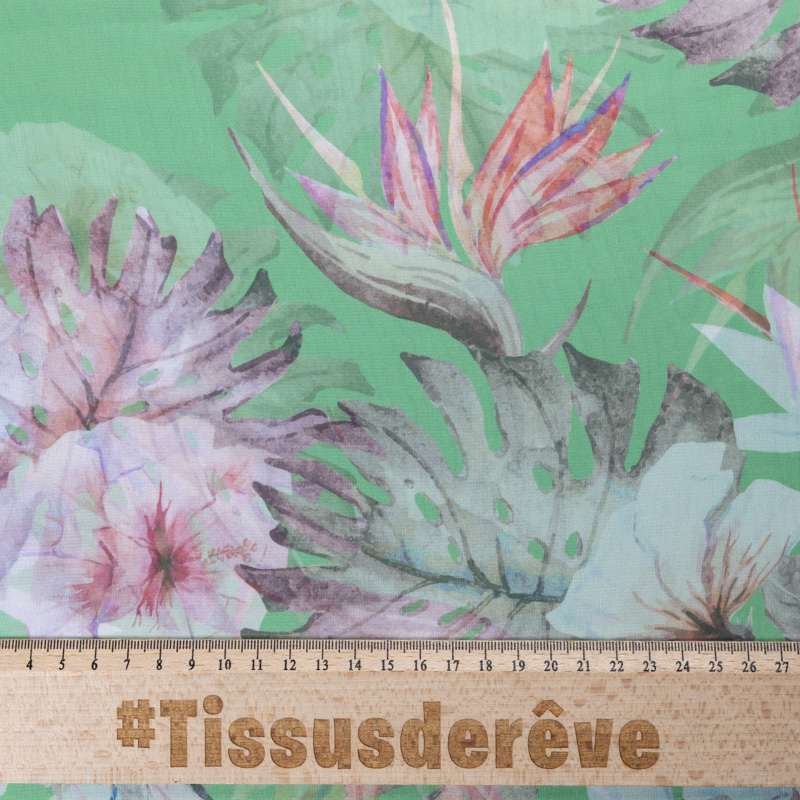 Mousseline - Fleurs tropicales fond vert
