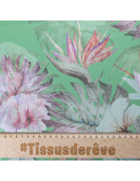 Mousseline - Fleurs tropicales fond vert