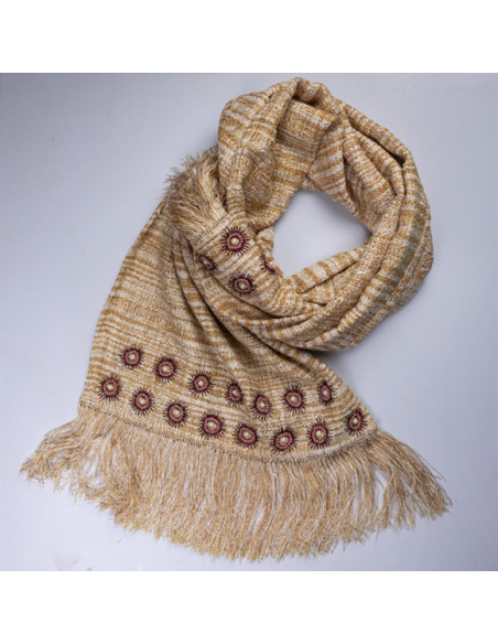 Écharpe 100% soie brodée et perlée – Rosaces perlées beige doré