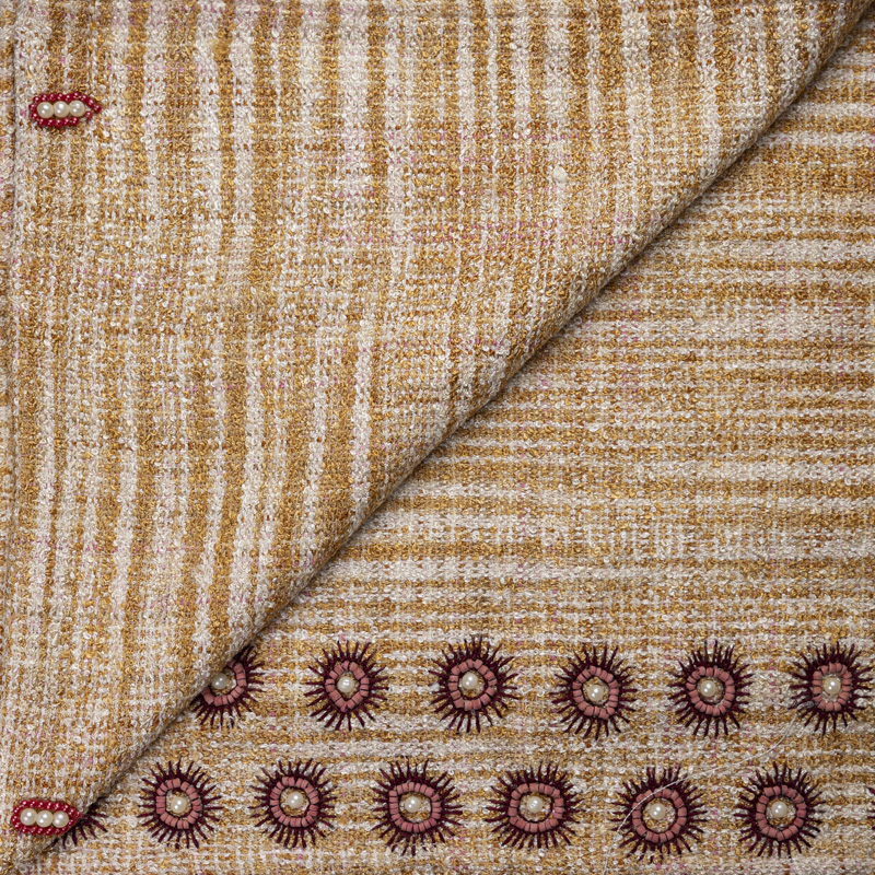 Écharpe 100% soie brodée et perlée – Rosaces perlées beige doré
