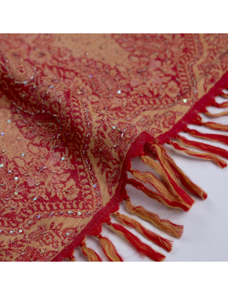 Étole 100% laine brodée à sequins – Arabesques florales rouge et or