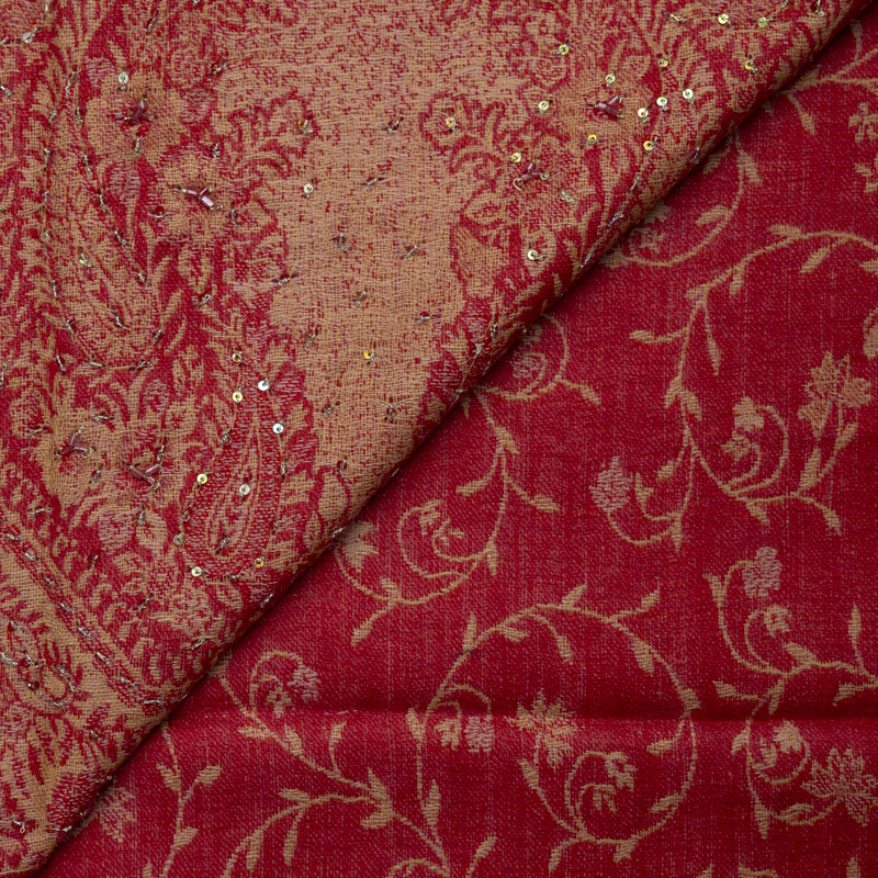 Étole 100% laine brodée à sequins – Arabesques florales rouge et or