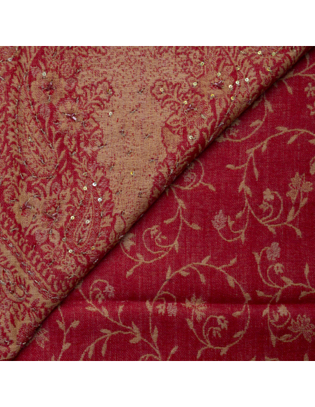 Étole 100% laine brodée à sequins – Arabesques florales rouge et or
