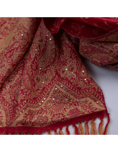 Étole 100% laine brodée à sequins – Arabesques florales rouge et or