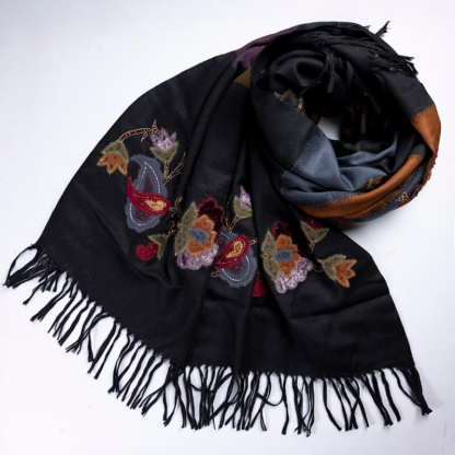 Étole brodée perlée 100% laine – Patchwork multicolore fleur