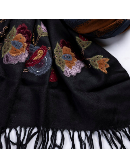 Étole brodée perlée 100% laine – Patchwork multicolore fleur