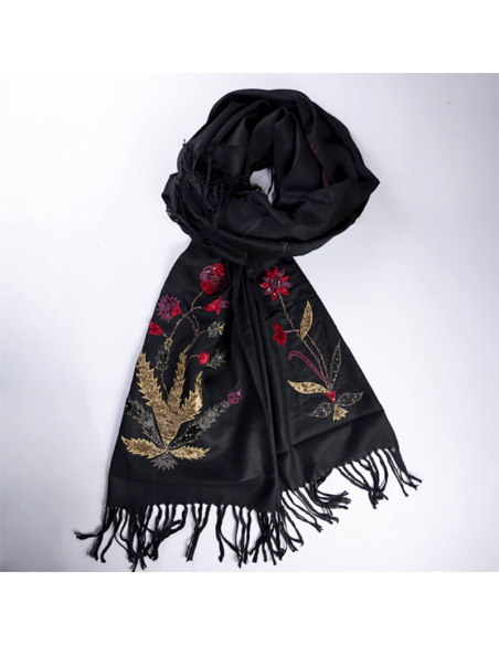 Étole 100% laine brodée perlée – Fleurs noir