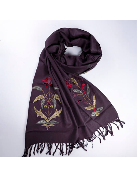 Étole 100% laine brodée perlée – Fleurs prune
