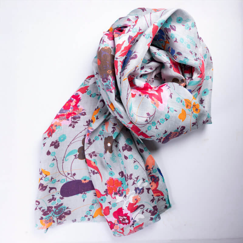 Étole 100% lin – Fleurs multicolores fond gris